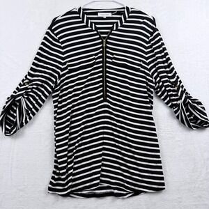 Calvin Klein Striped Half Zip Top Roll Tab Sleeve Casual Black White Large